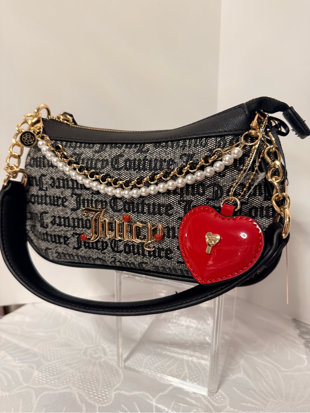 Juicy Couture Black Logo Shoulder Bag with Red Heart Charm